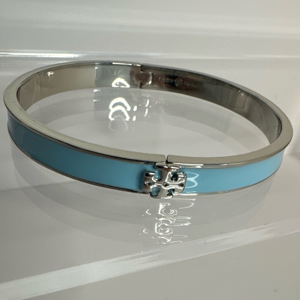 Tory Burch New Kira Blue Enamel Hinge Silver-Toned Bracelet - Picture 3 of 10